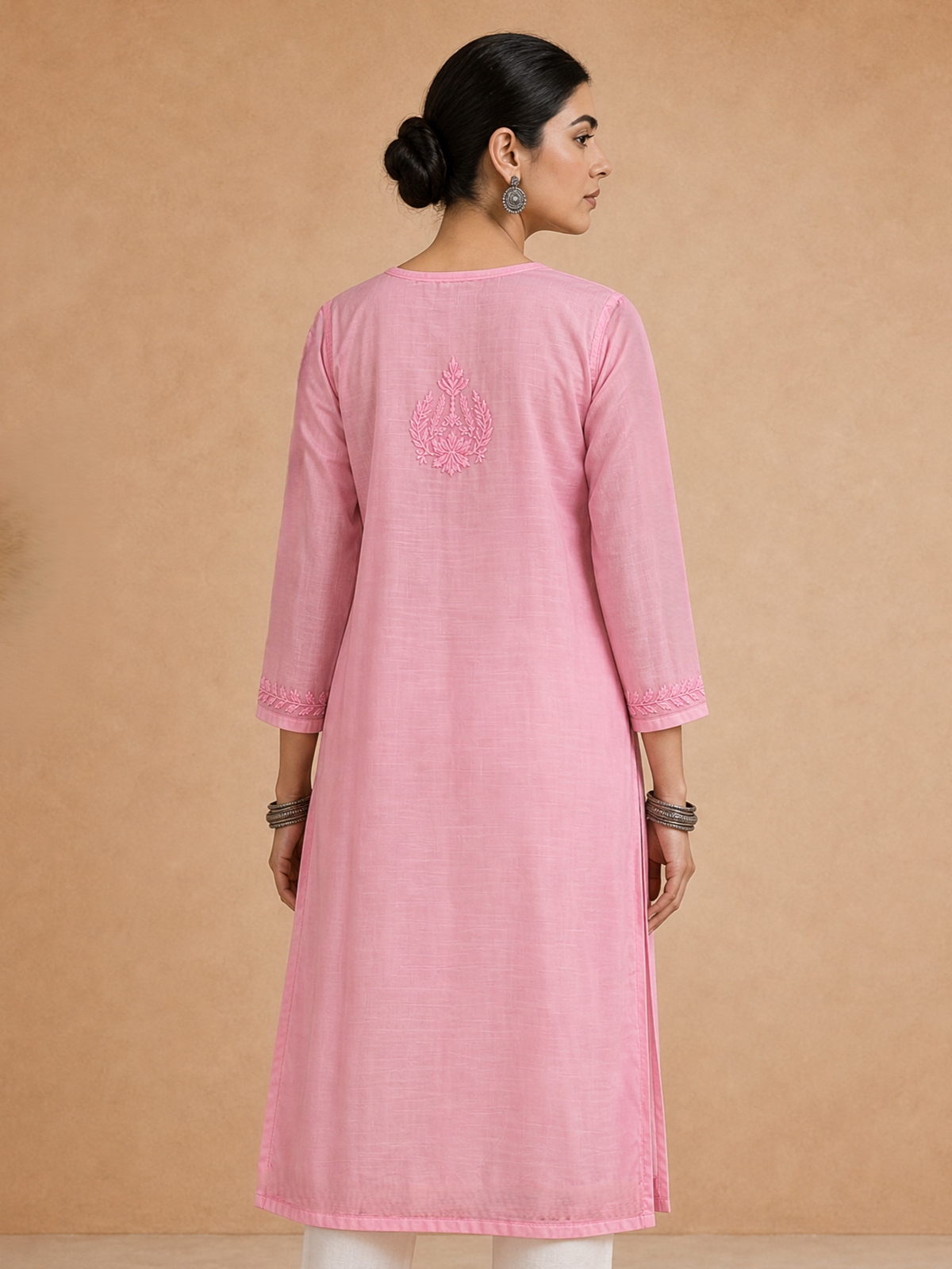 Pink Chanderi Silk Chikankari Women's Straight Long Kurta