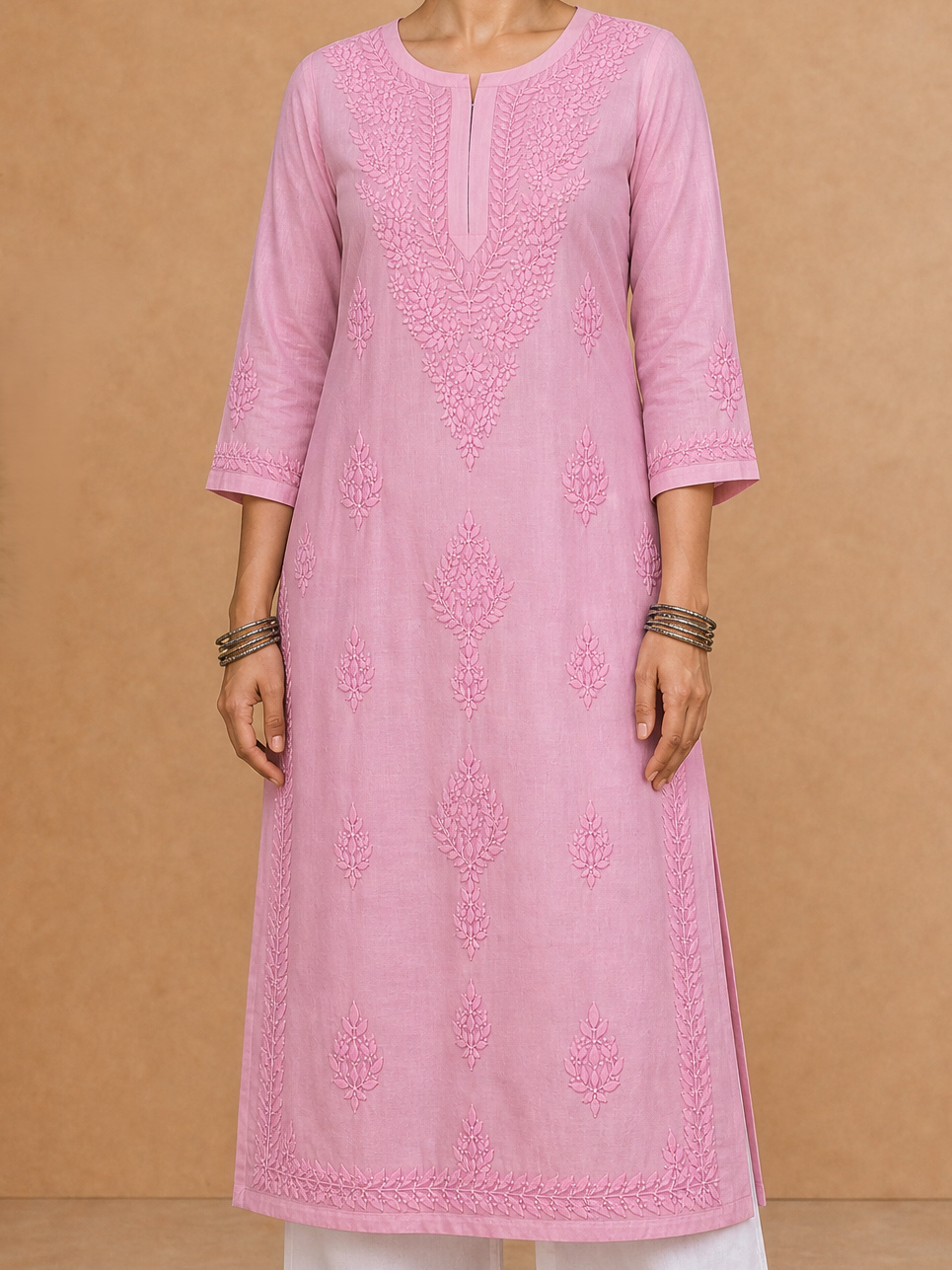 Pink Chanderi Silk Chikankari Women's Straight Long Kurta