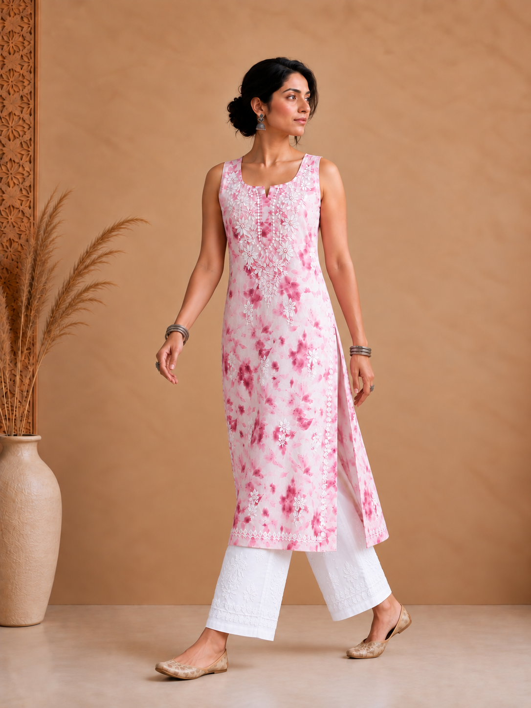 Pink Mulmul Chikankari Printed Women's Long Kurti