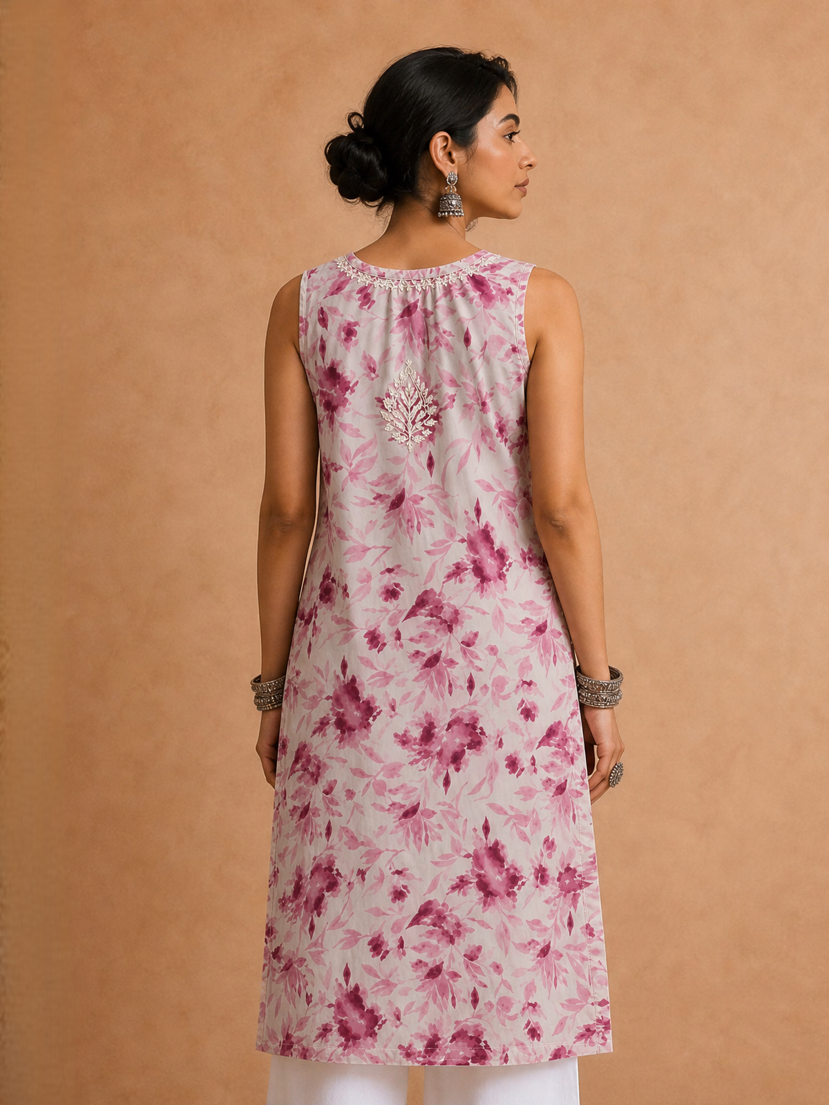 Pink Mulmul Chikankari Printed Women's Long Kurti