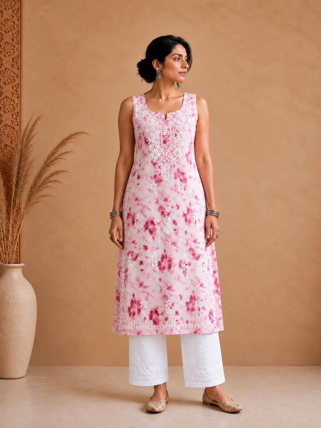 Pink Mulmul Chikankari Printed Women's Long Kurti