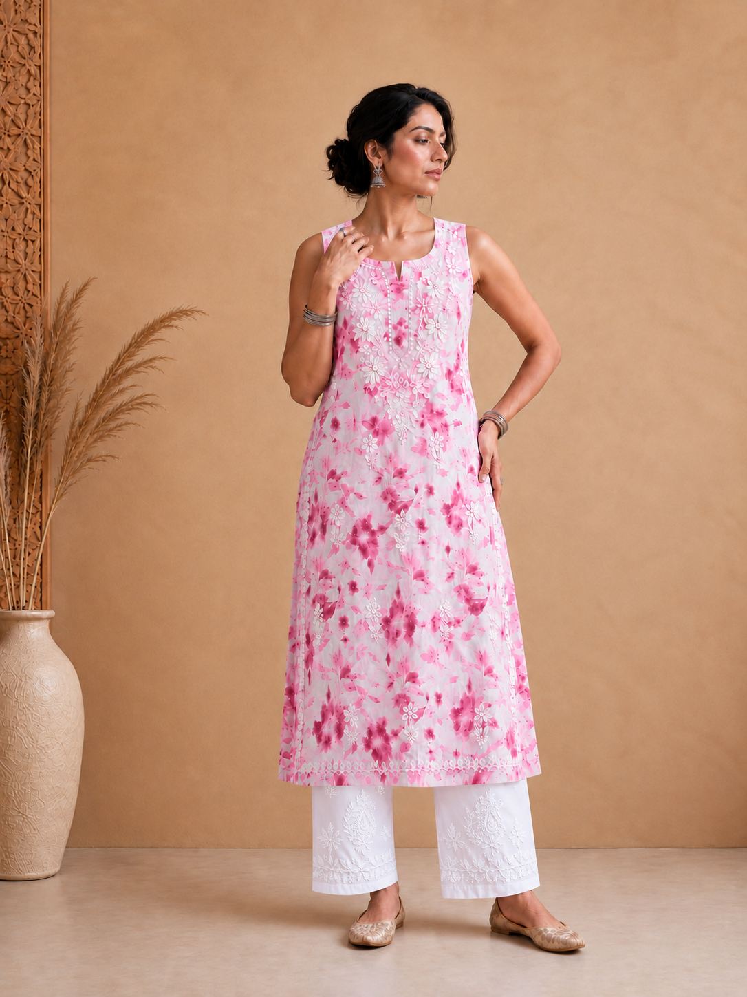 Pink Mulmul Chikankari Printed Women's Long Kurti