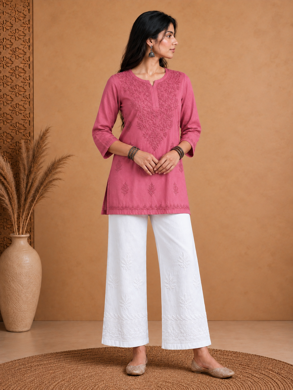 Pink Muslin Chikankari Solid Women's Short Kurta