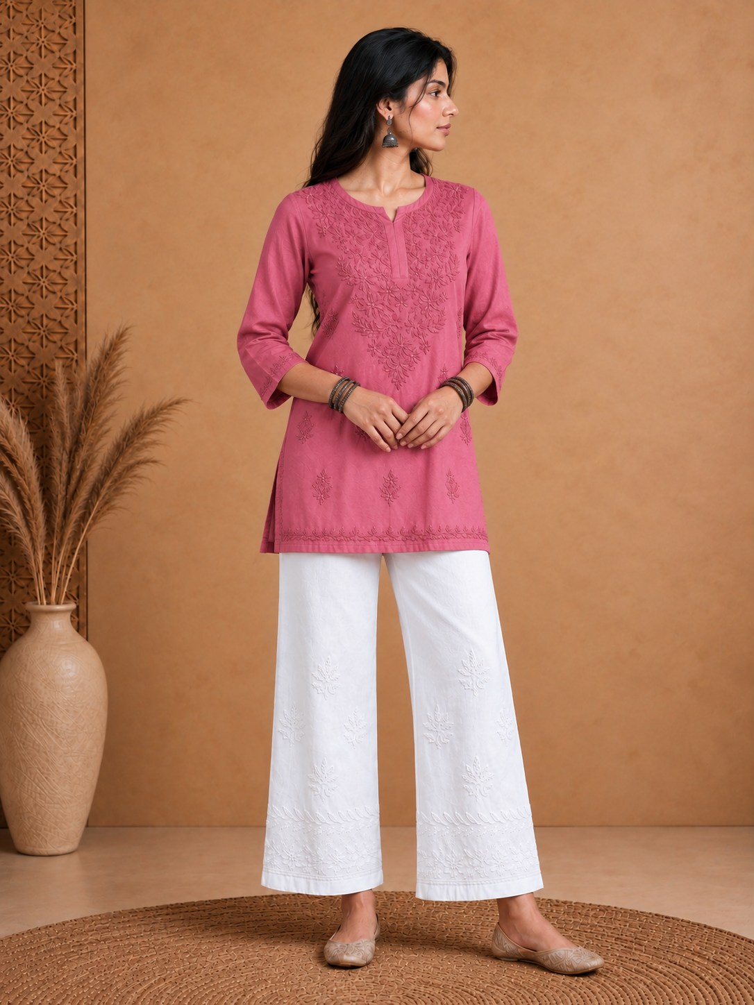Pink Muslin Chikankari Solid Women's Short Kurta