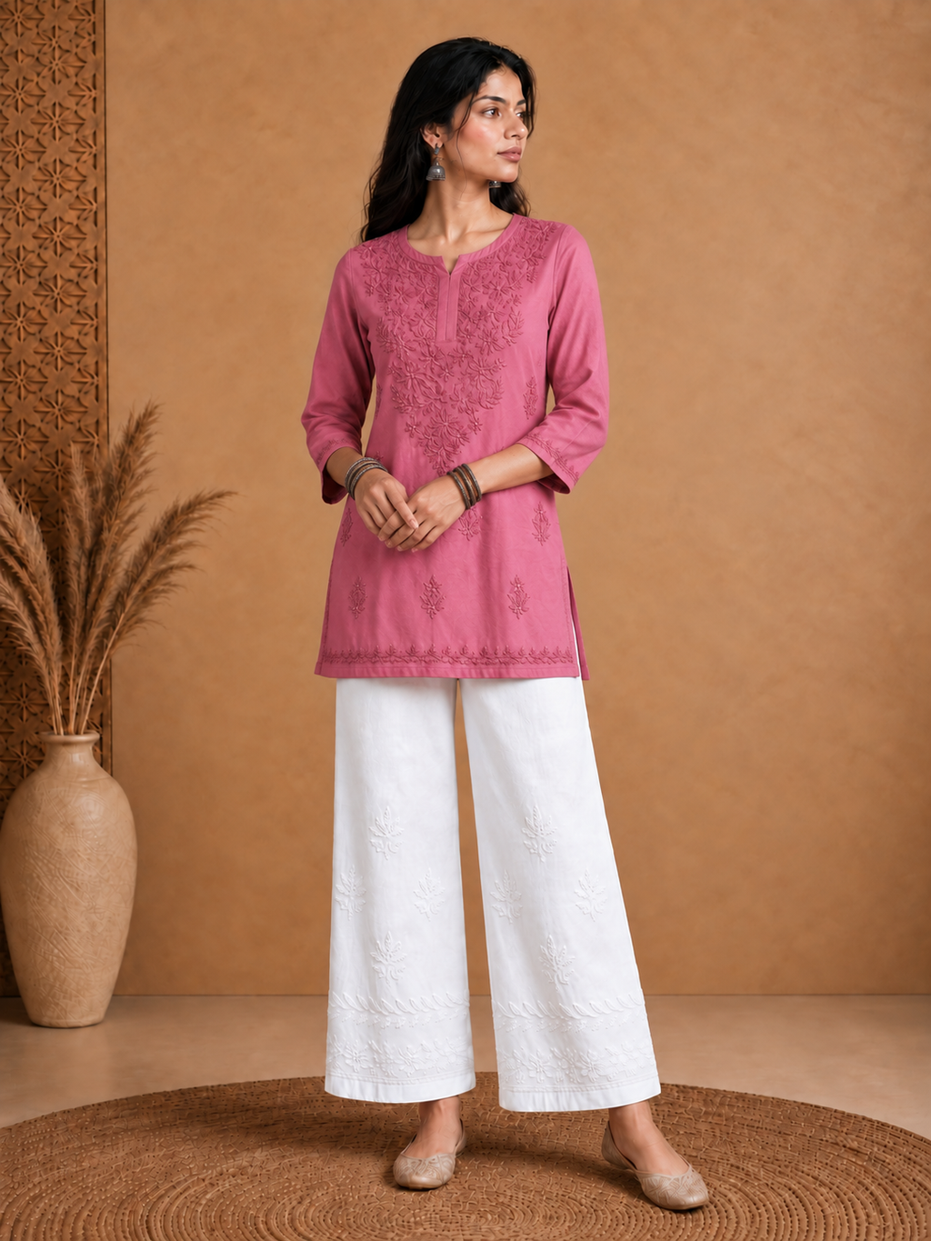 Pink Muslin Chikankari Solid Women's Short Kurta