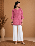 Pink Muslin Chikankari Solid Women's Short Kurta