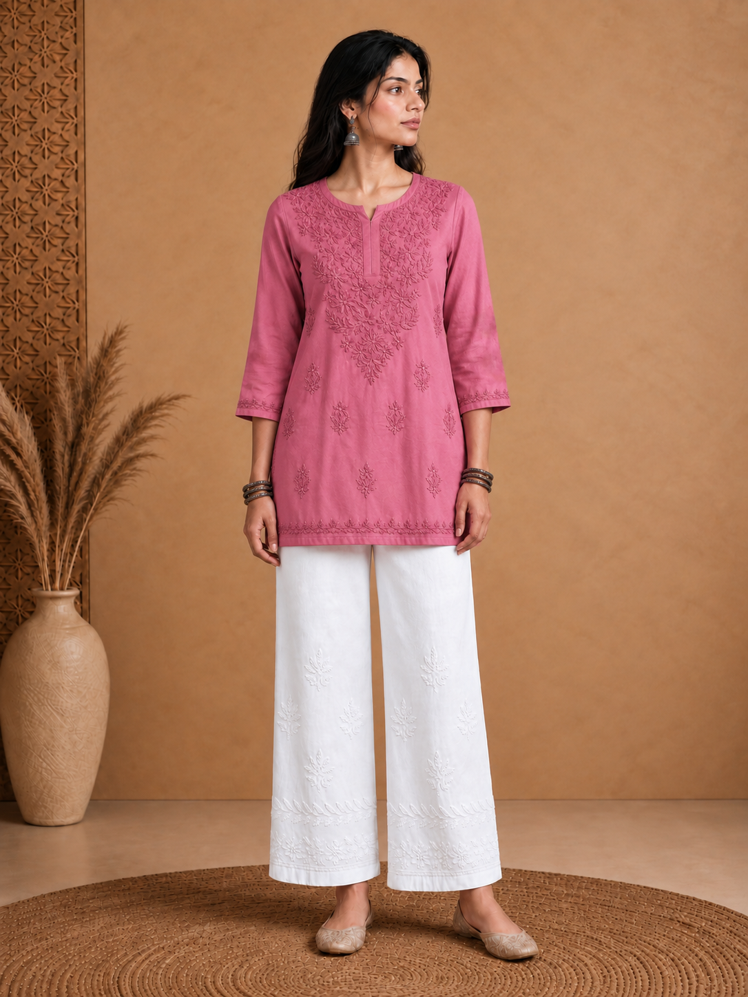 Pink Muslin Chikankari Solid Women's Short Kurta