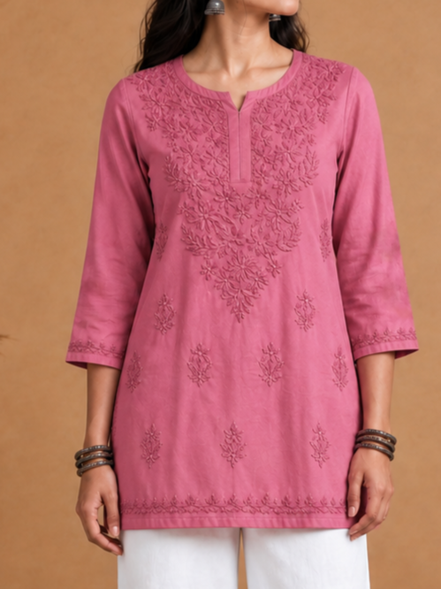 Pink Muslin Chikankari Solid Women's Short Kurta