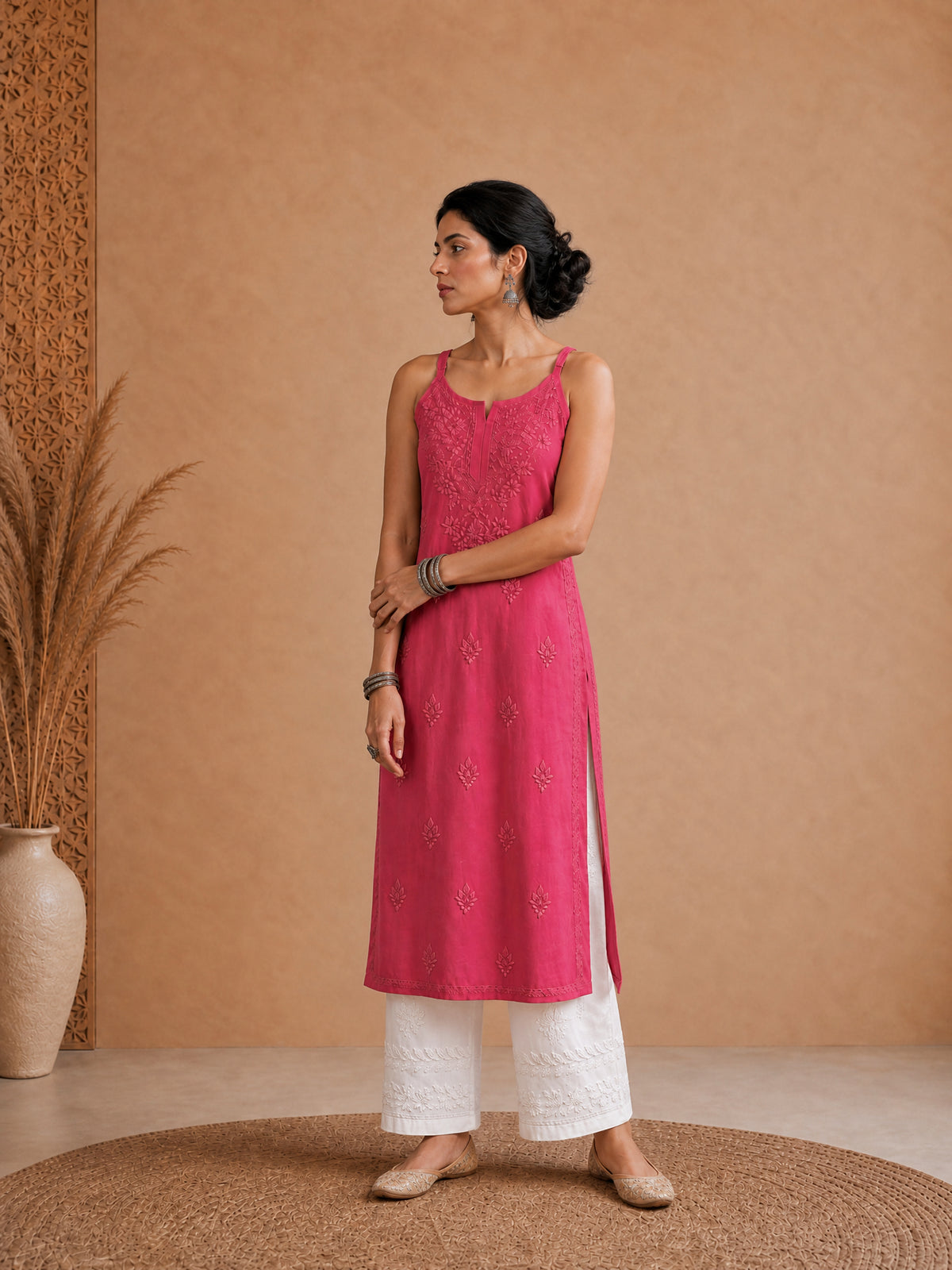 Pink Rayon Chikankari Solid Women's Kurti