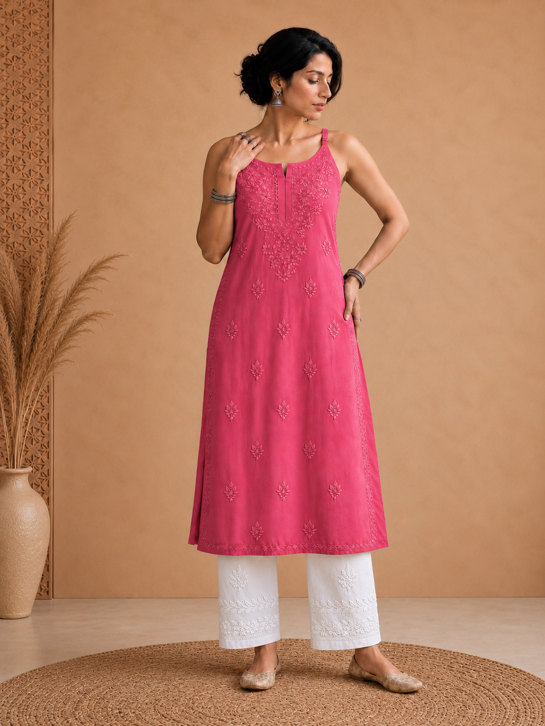 Pink Rayon Chikankari Solid Women's Kurti
