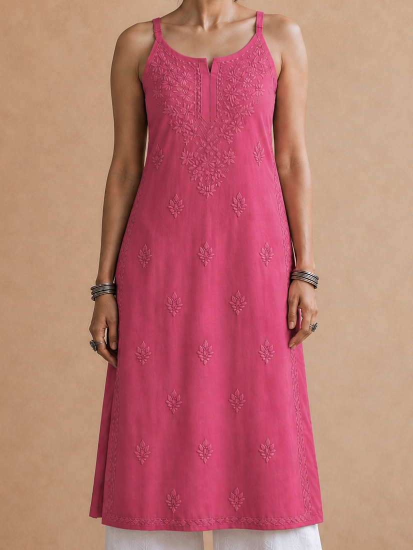 Pink Rayon Chikankari Solid Women's Kurti