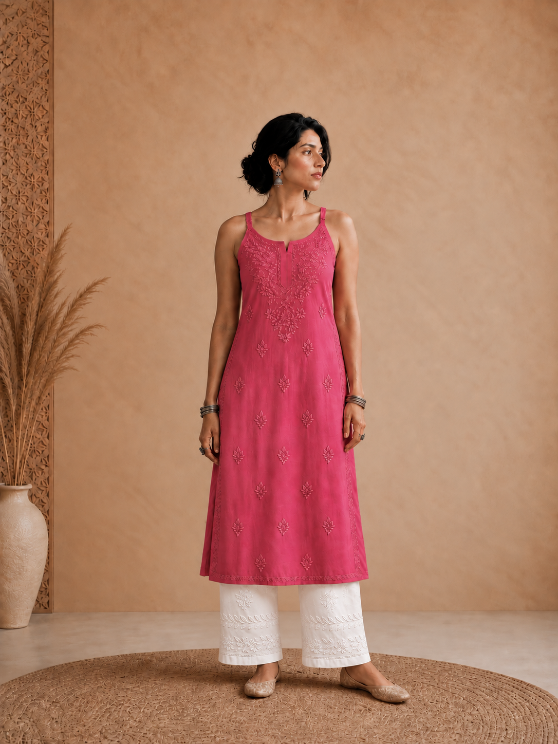 Pink Rayon Chikankari Solid Women's Kurti