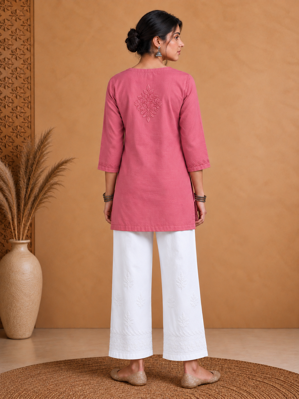 Muslin Chikankari Solid Women's Short Kurta - Pink