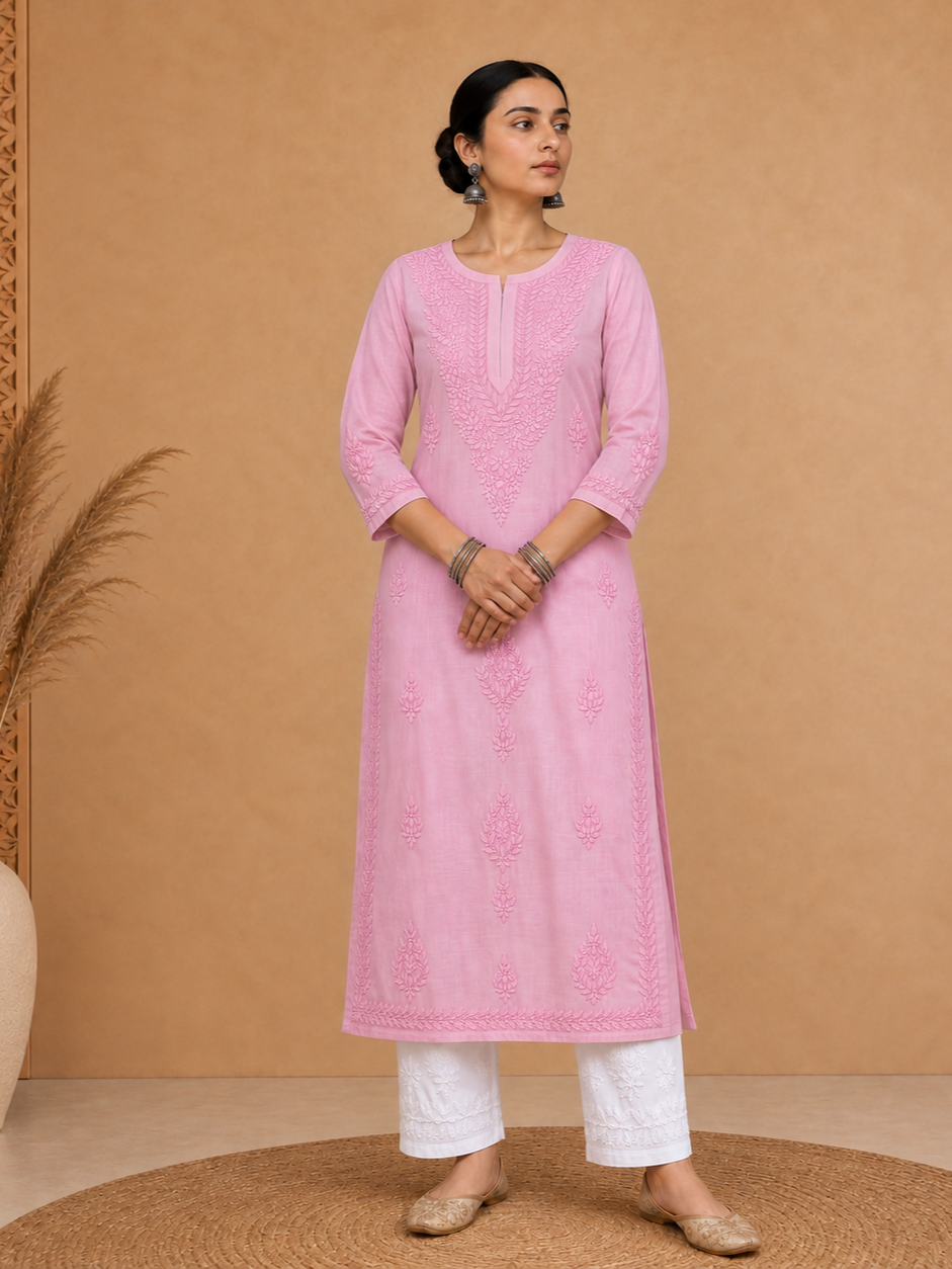 Chanderi Silk Chikankari Women's Straight Long Kurta - Light Pink