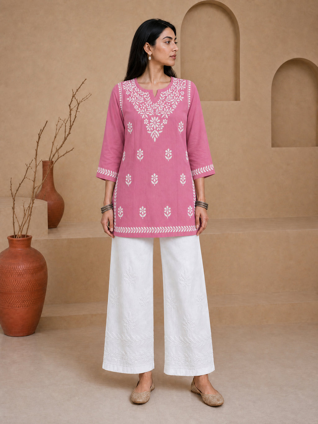 Buy Pink Milan Rayon Chikankari Short Kurta