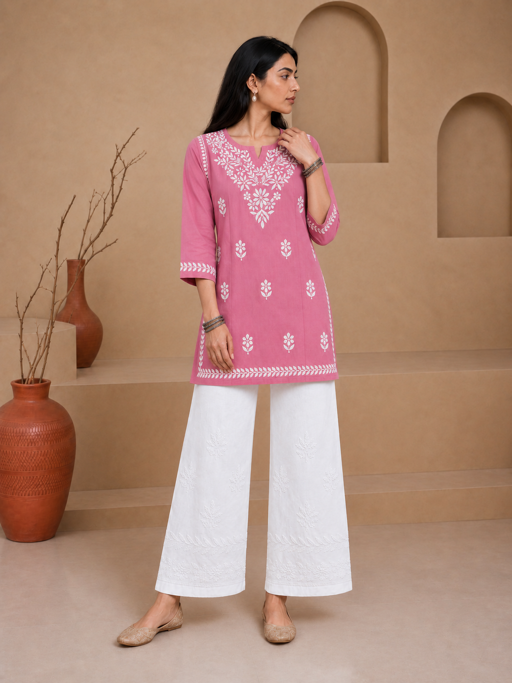 Buy Pink Milan Rayon Chikankari Short Kurta