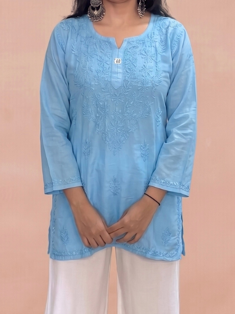 Muslin Chikankari Solid Women's Short Kurta - Blue