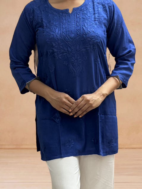 Rayon Chikankari Solid Women's Short Kurta - Blue
