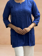 Rayon Chikankari Solid Women's Short Kurta - Blue