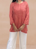 Muslin Chikankari Solid Women's Short Kurta - Orange
