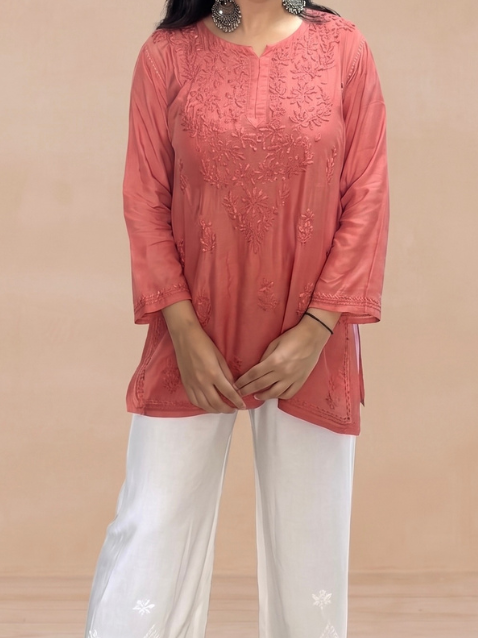 Muslin Chikankari Solid Women's Short Kurta - Orange