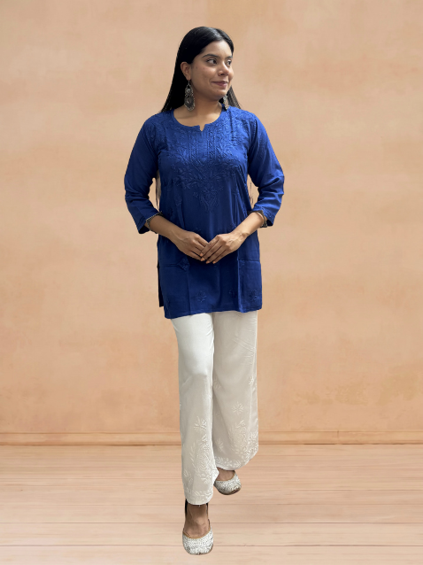 Rayon Chikankari Solid Women's Short Kurta - Blue