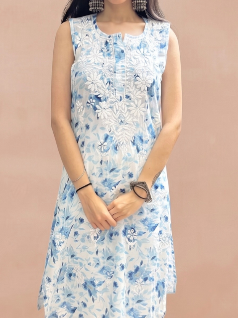 Mulmul Chikankari Printed Women's Long Kurti - Blue