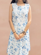 Mulmul Chikankari Printed Women's Long Kurti - Blue