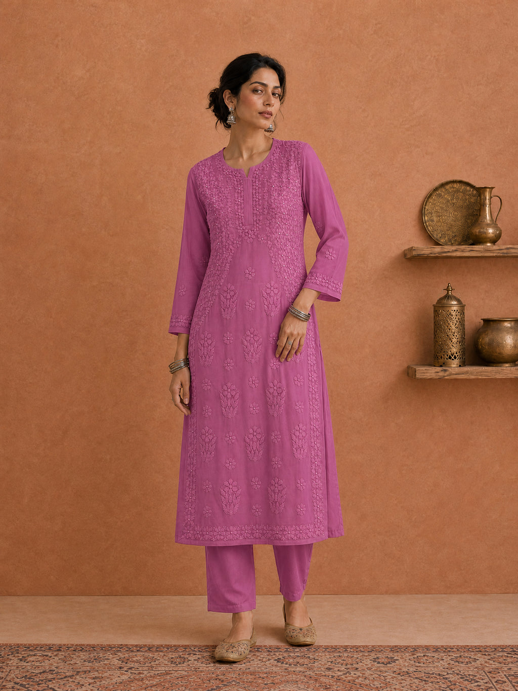 Buy Pink Utsav Georgette Chikankari Long Kurti