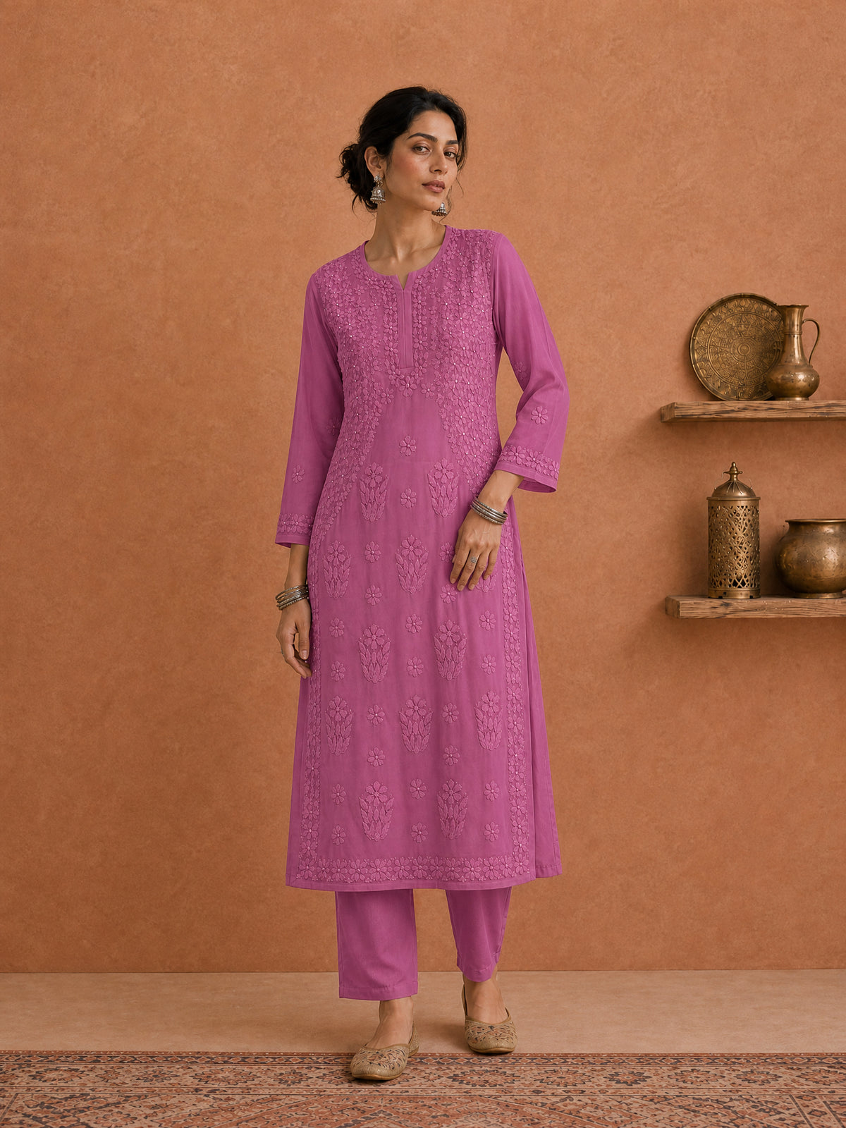 Buy Pink Utsav Georgette Chikankari Long Kurti