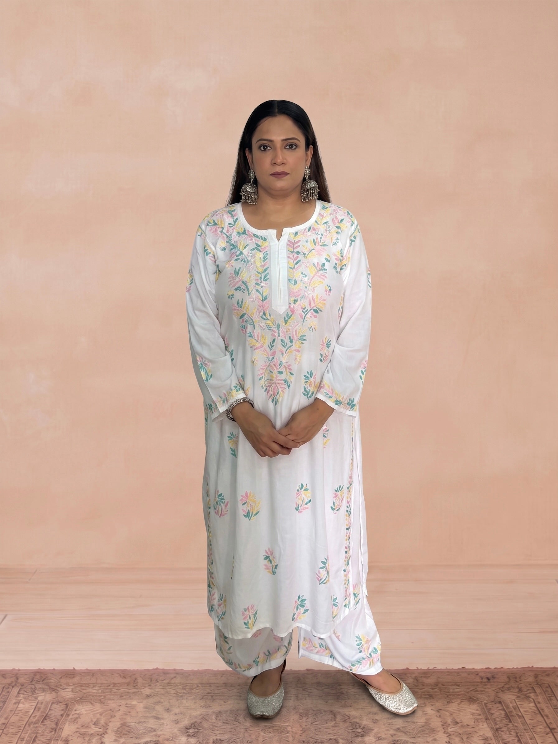Rayon Chikankari Women's 2PC Long Kurta Set - White