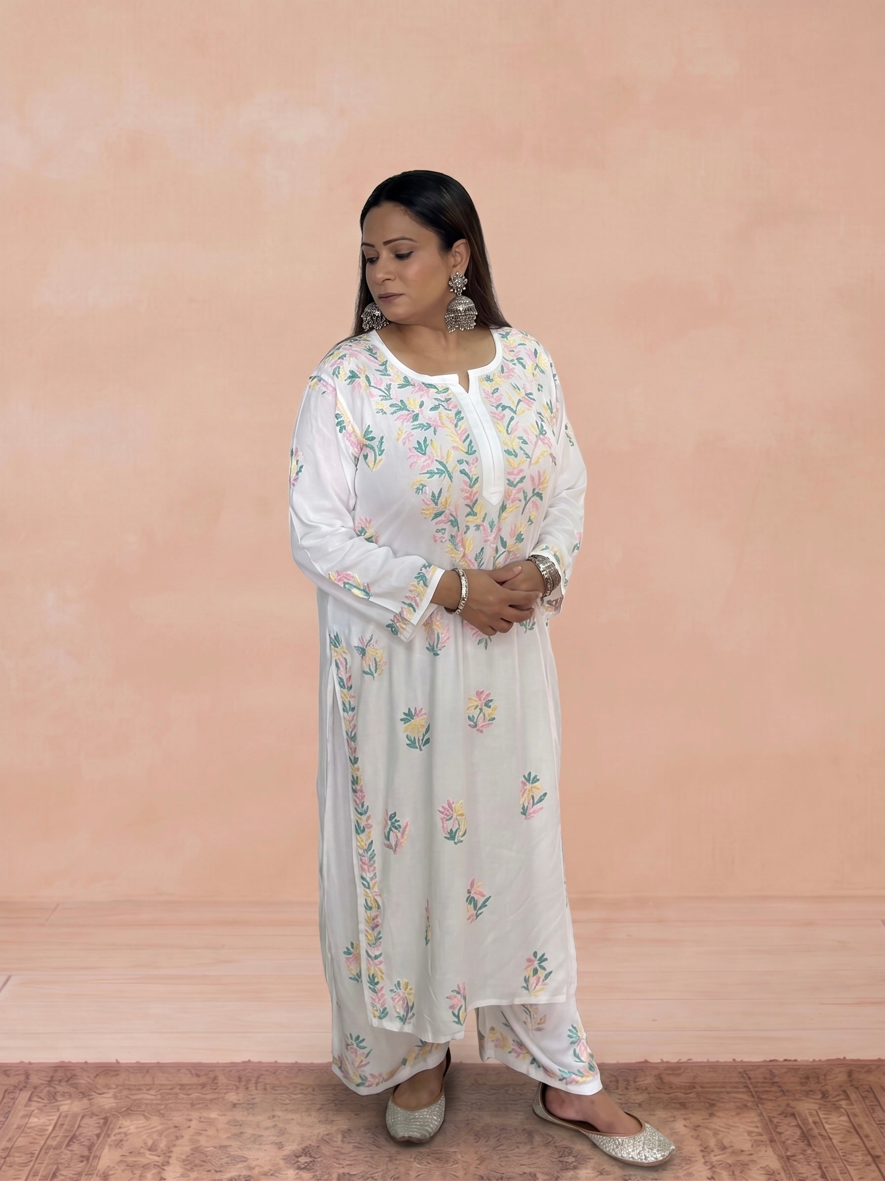 Rayon Chikankari Women's 2PC Long Kurta Set - White