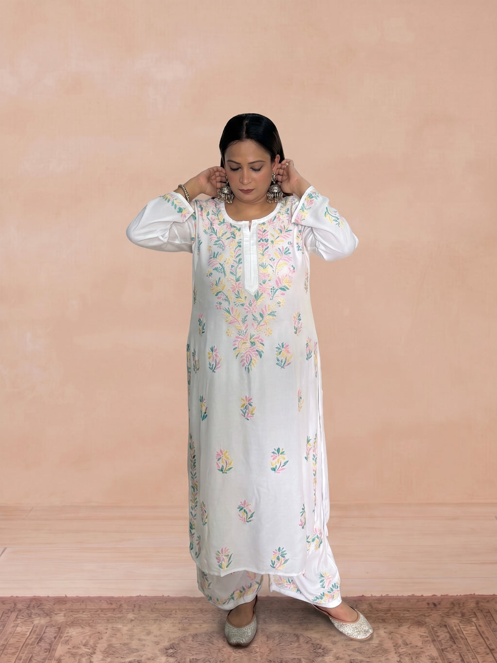 Rayon Chikankari Women's 2PC Long Kurta Set - White