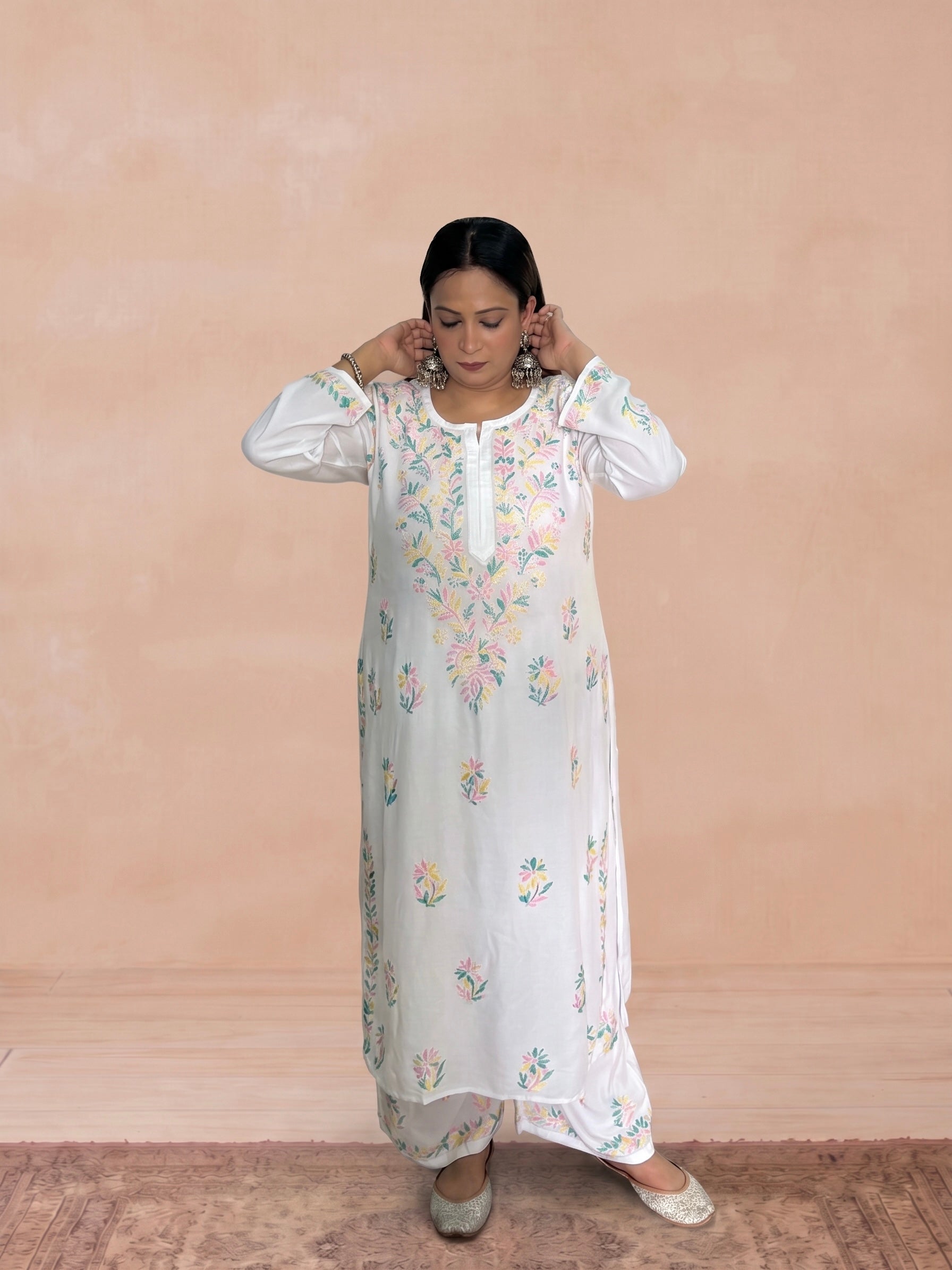 Rayon Chikankari Women's 2PC Long Kurta Set - White