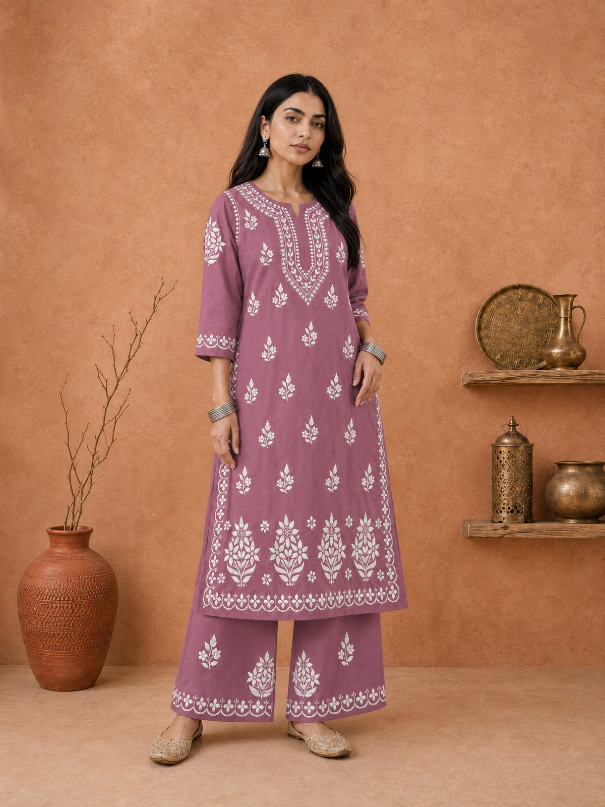 Buy Mauve Sanwar Rayon Chikankari Kurta Set