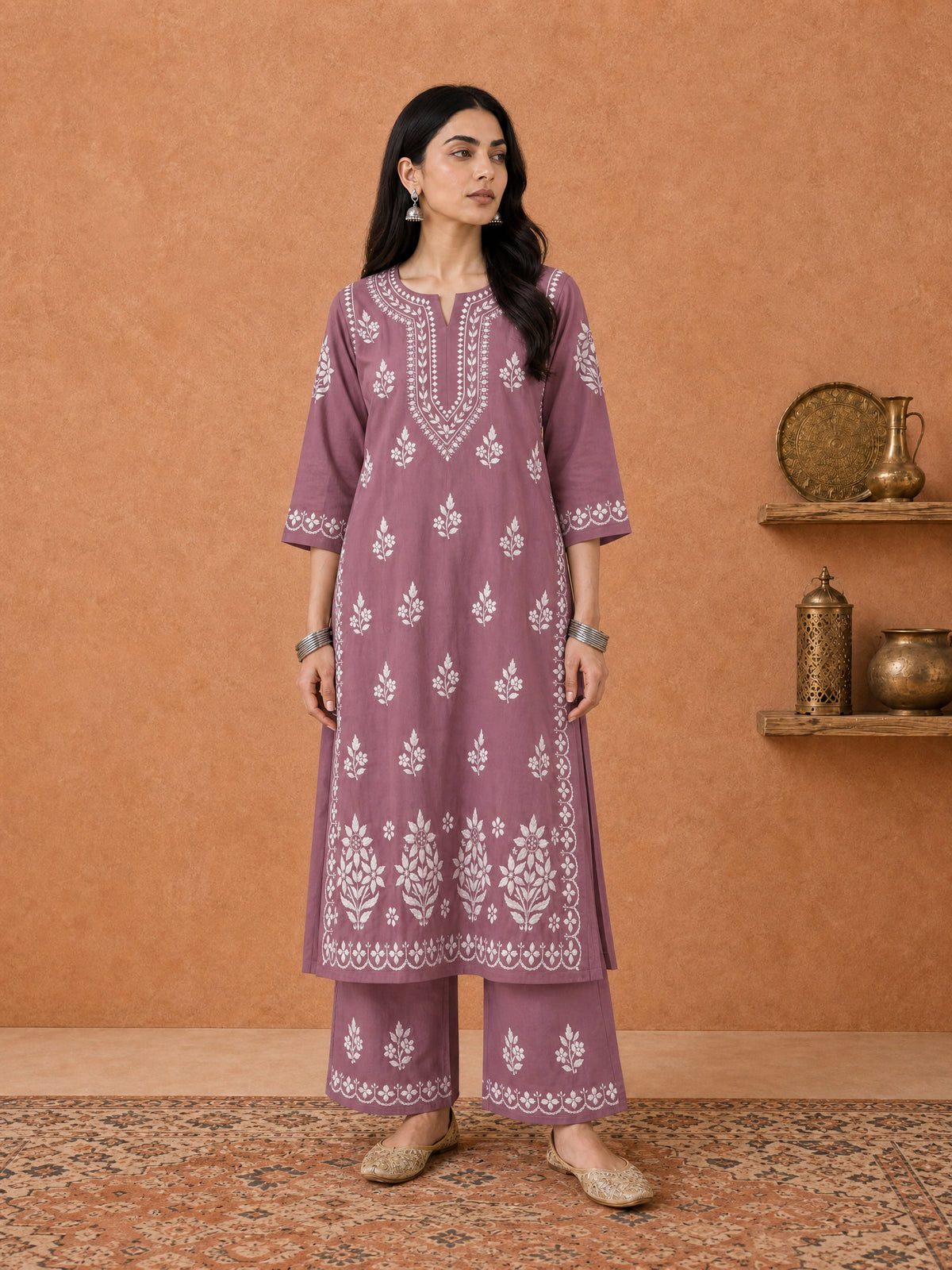 Buy Mauve Sanwar Rayon Chikankari Kurta Set