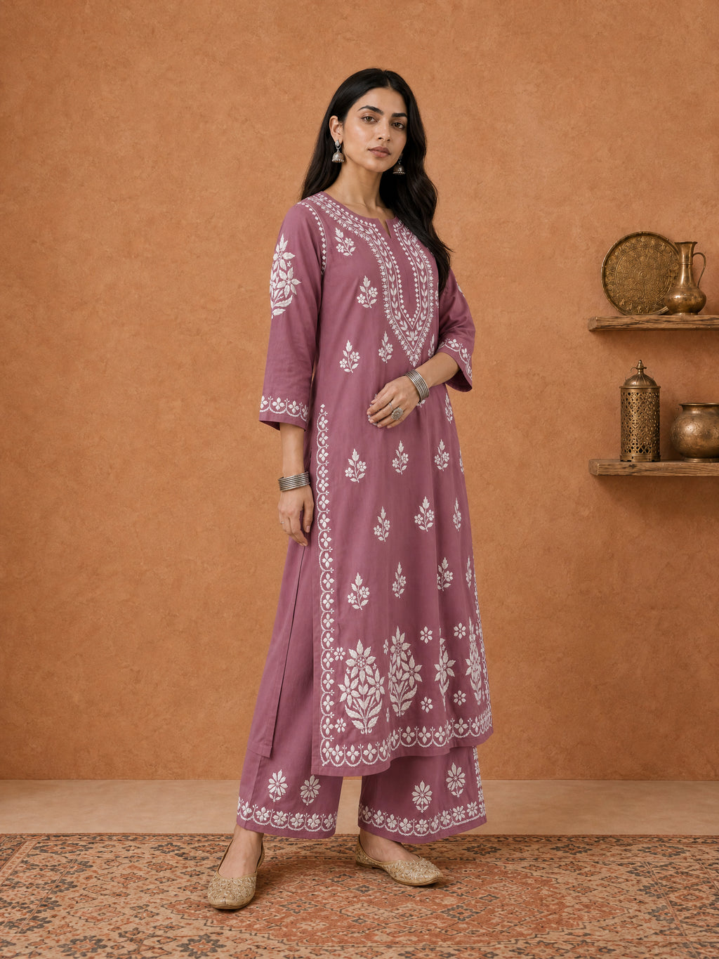 Buy Mauve Sanwar Rayon Chikankari Kurta Set