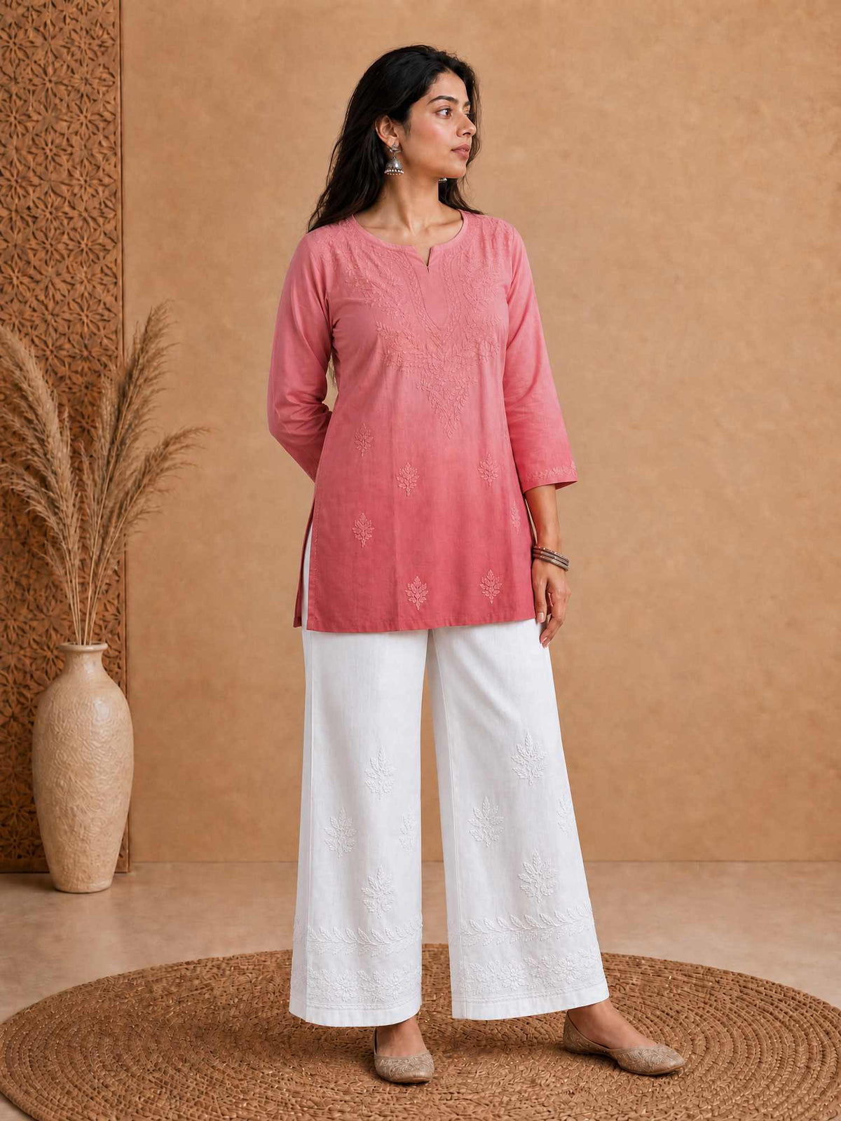 Peach Rayon Chikankari Ombre Women's Short Kurta