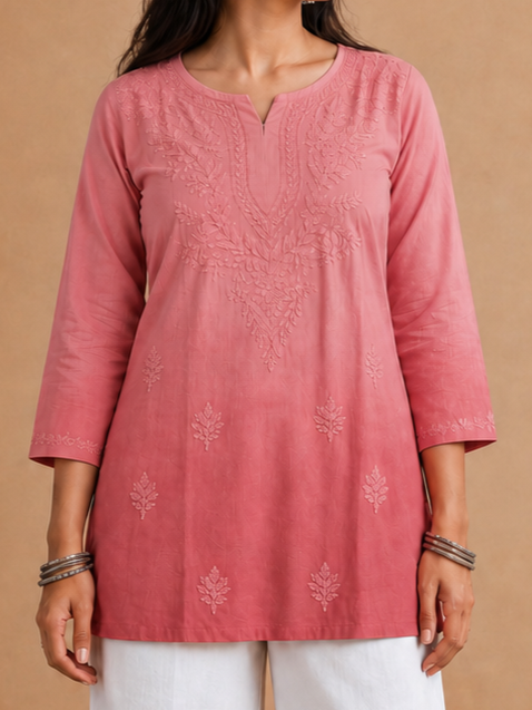 Peach Rayon Chikankari Ombre Women's Short Kurta