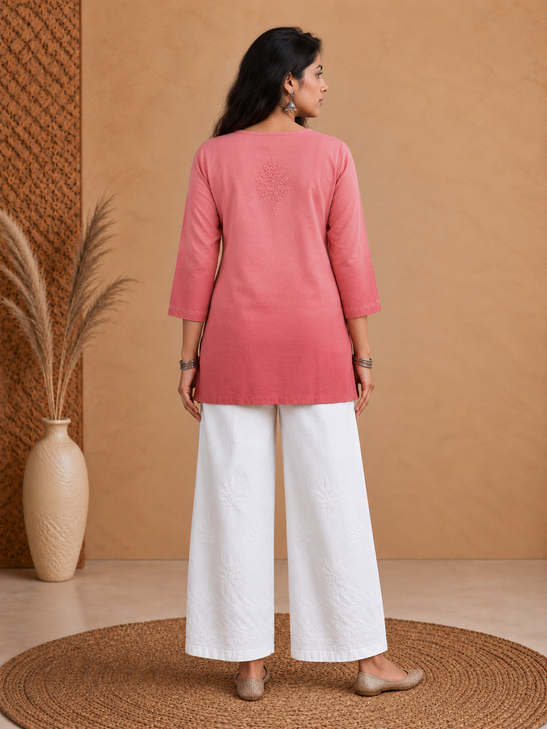 Peach Rayon Chikankari Ombre Women's Short Kurta
