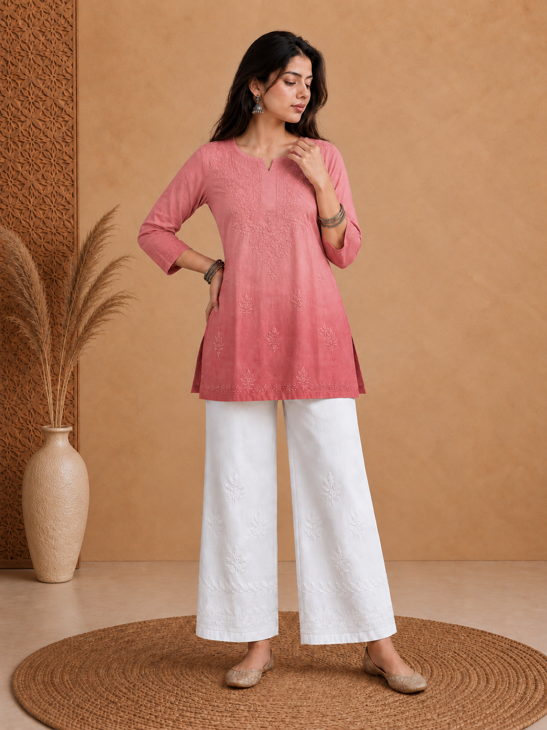 Peach Rayon Chikankari Ombre Women's Short Kurta