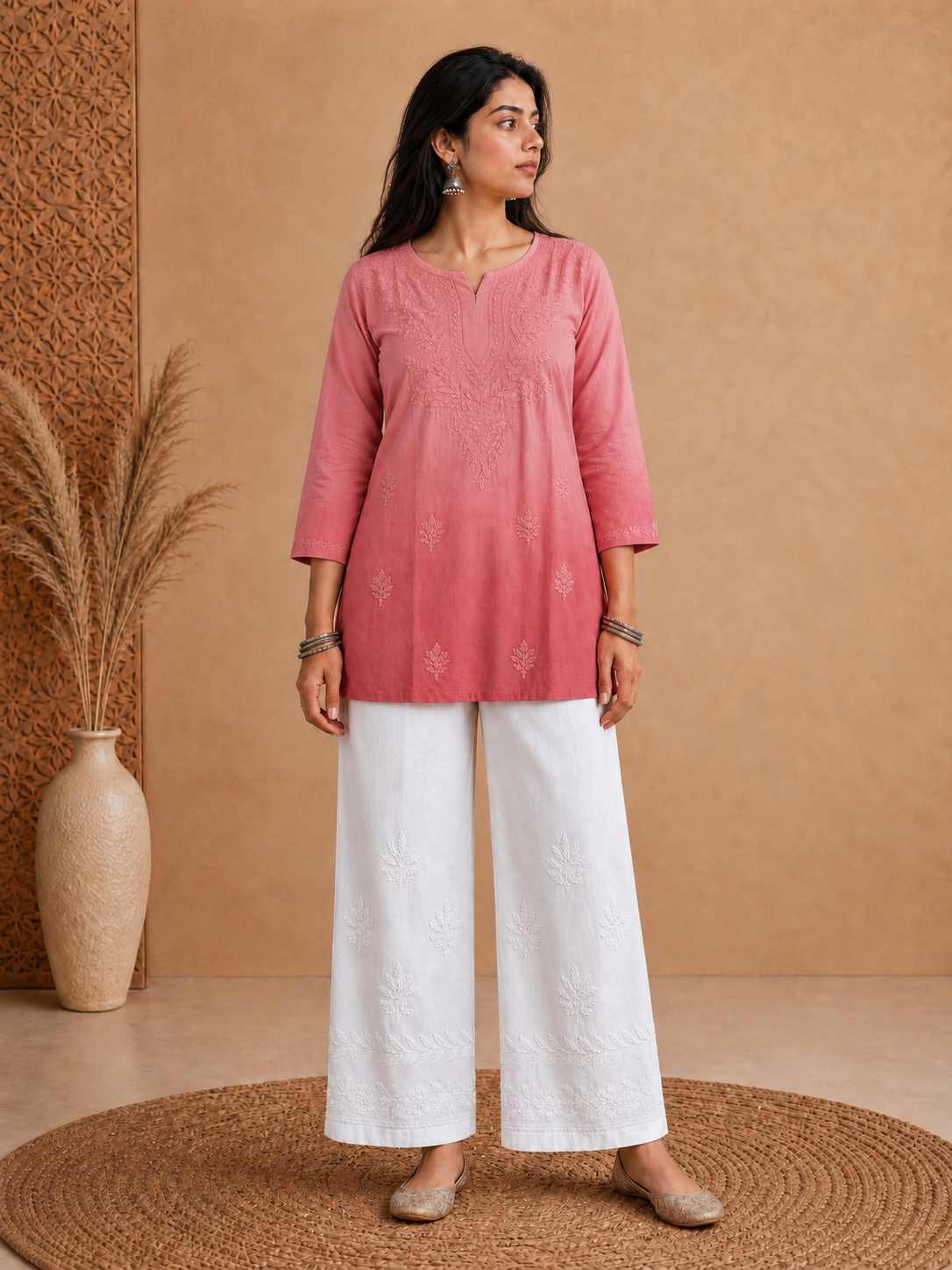 Peach Rayon Chikankari Ombre Women's Short Kurta