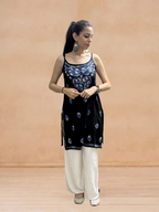 Rayon Chikankari Solid Women's Mid length Kurti - Black (Blue)