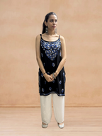 Rayon Chikankari Solid Women's Mid length Kurti - Black (Blue)