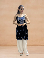 Rayon Chikankari Solid Women's Mid length Kurti - Black (Blue)