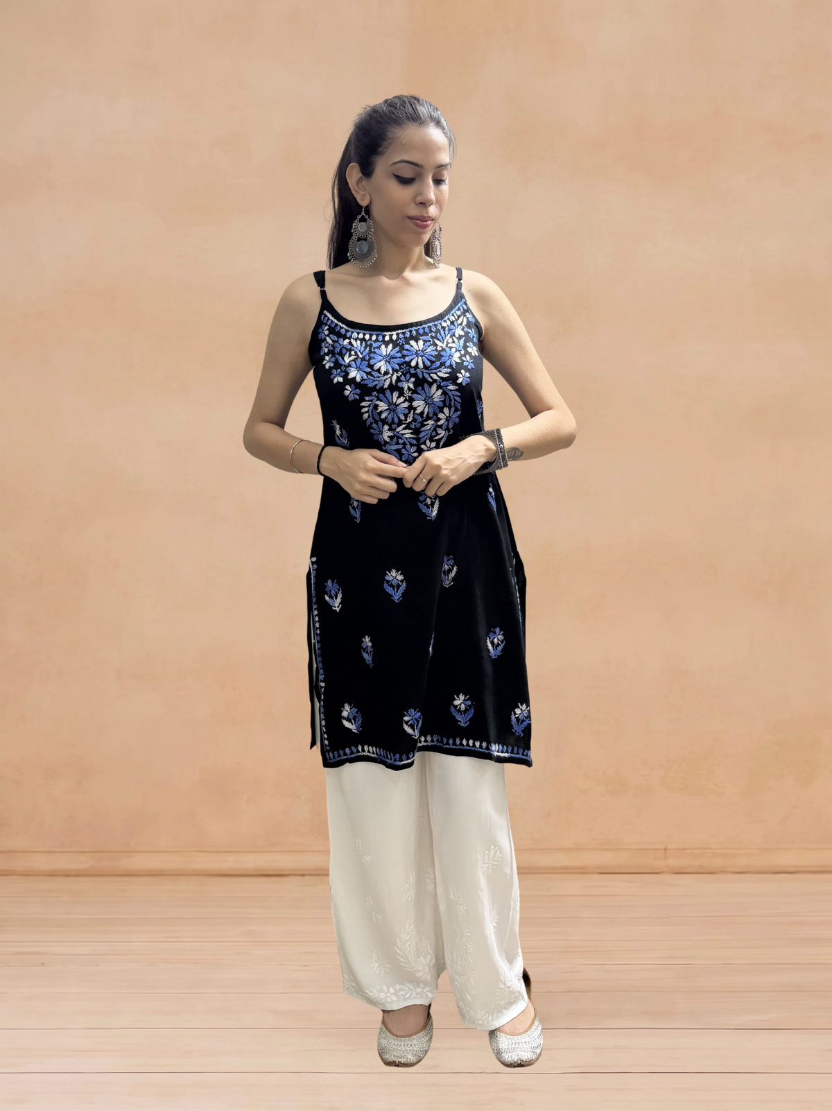 Rayon Chikankari Solid Women's Mid length Kurti - Black (Blue)