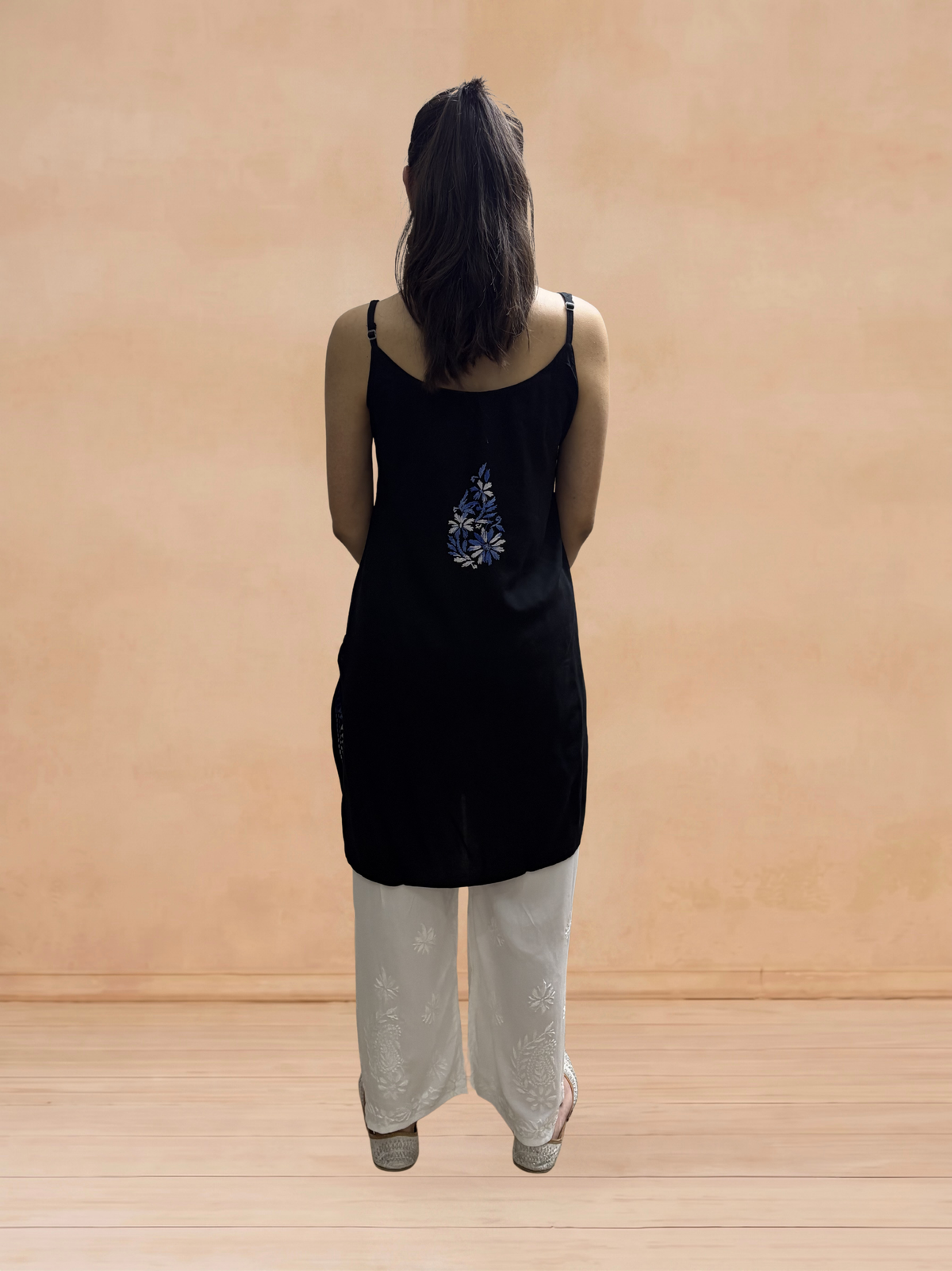 Rayon Chikankari Solid Women's Mid length Kurti - Black (Blue)