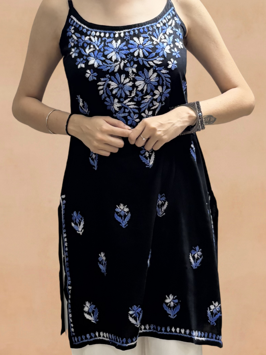 Rayon Chikankari Solid Women's Mid length Kurti - Black (Blue)