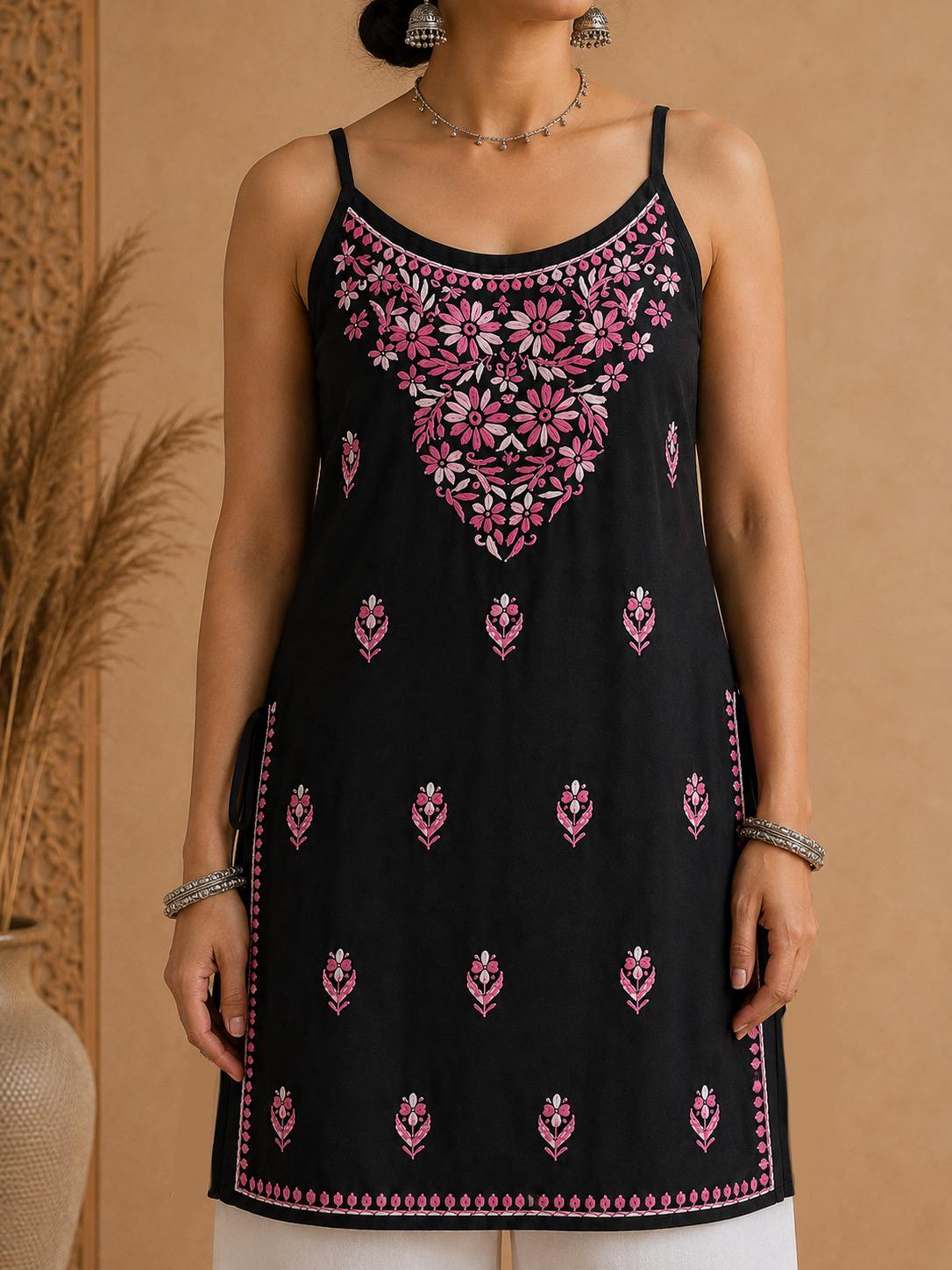 Rayon chikankari mid length kurti