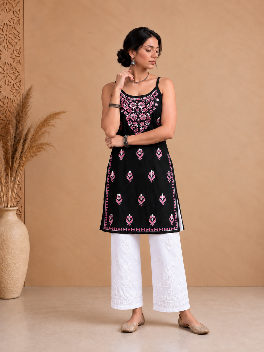 Rayon chikankari mid length kurti